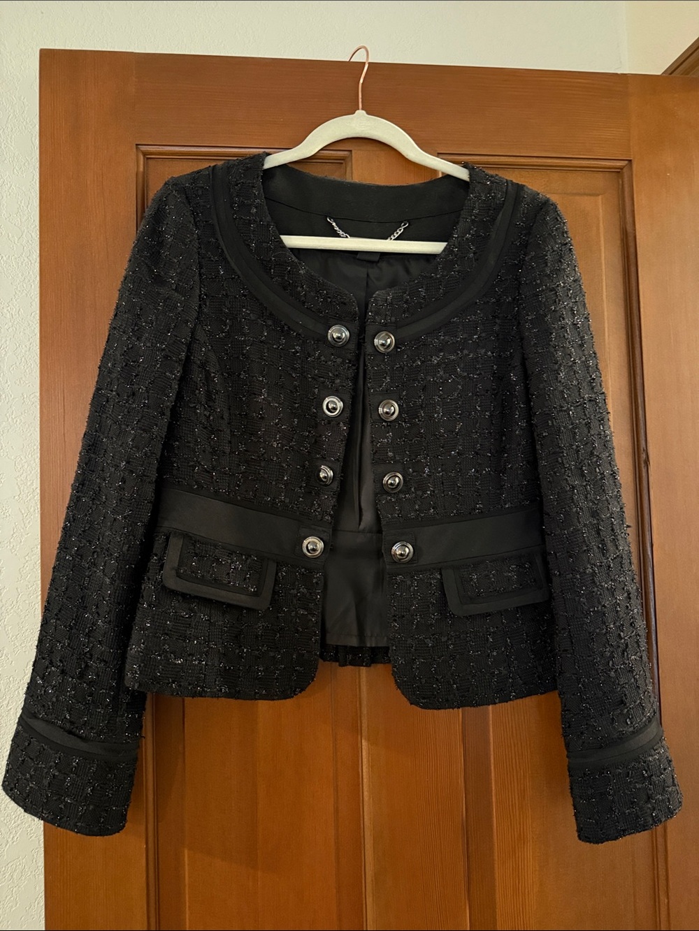 White House Black Market Black Tweed Button-Front Blazer with matching skirt